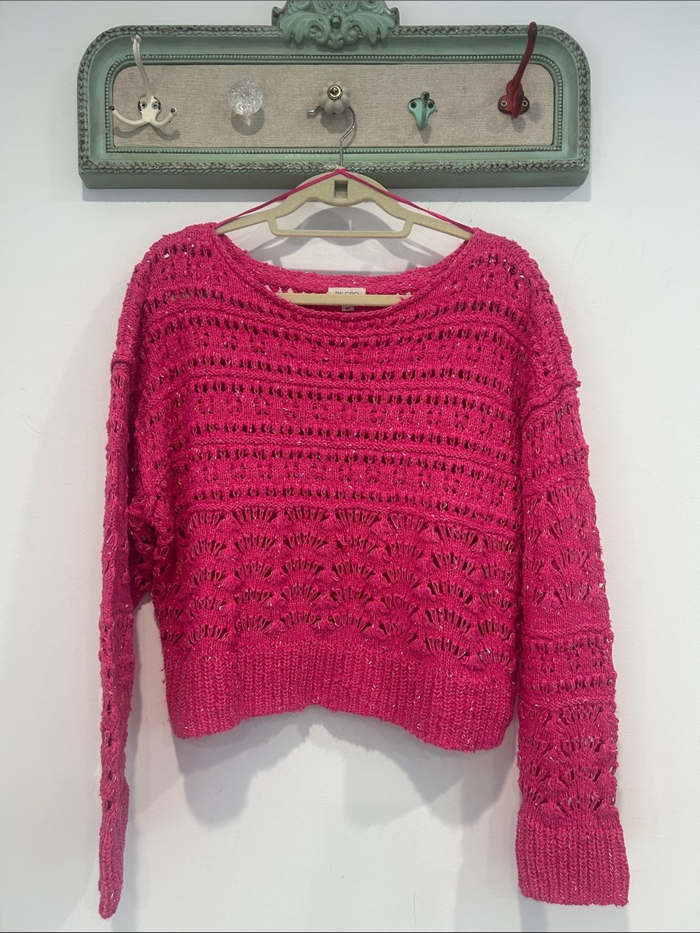 Pilcro Anthropologie Hot Pink seashell Open-Knit crochet Crewneck Sweater small
